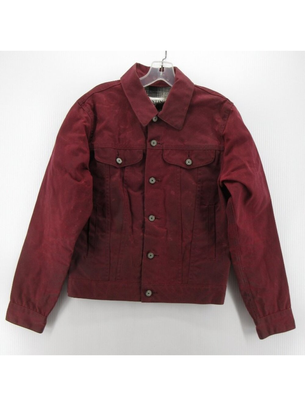 Gus tin Jacket Small Waxed Trucker Button Up Plaid Lined Heavy Oxblood *